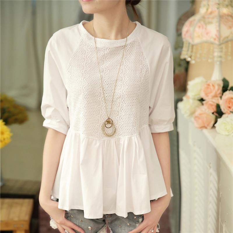 

Women' Blouses Sweet Solid Color All-match Korean Blouse Women' Clothing 2023 Spring Loose Casual Pullovers Half Sleeve Office Lady, White