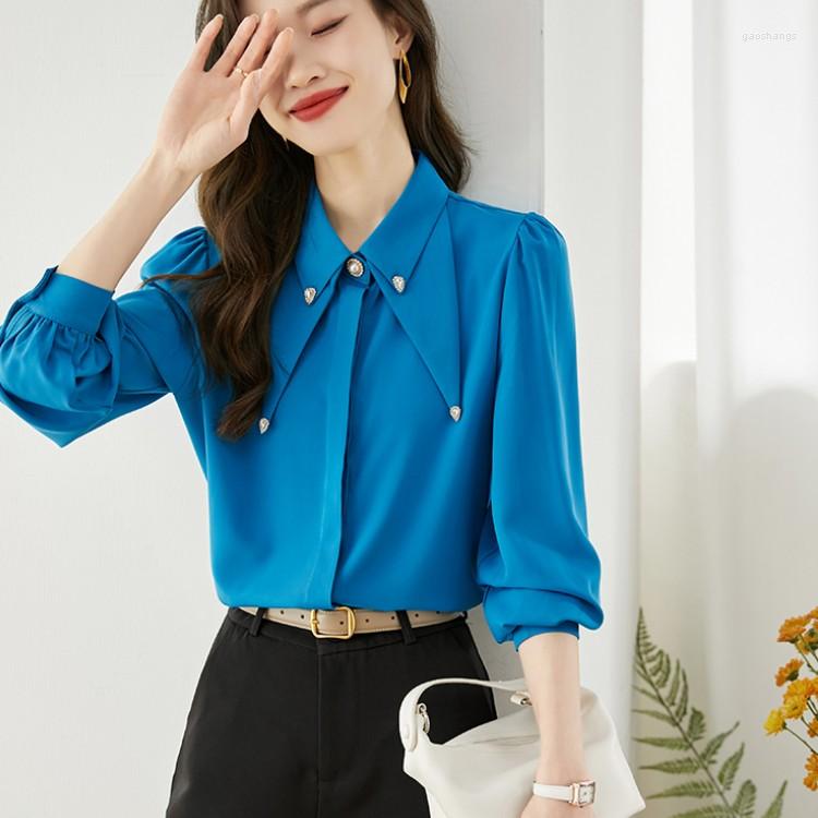 

Women' Blouses 2023 Spring Women Office Lady Blue Turn-down Collar Vintage Elegant Chiffon Long Sleeve Casual Shirts Top