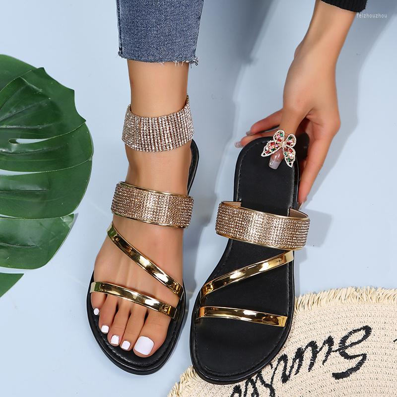 

Sandals Women Slippers Summer Ladies Shoes Female Round Toe Bling Luxury Sandalias Beach Flip Metal Decoration Casual, Black
