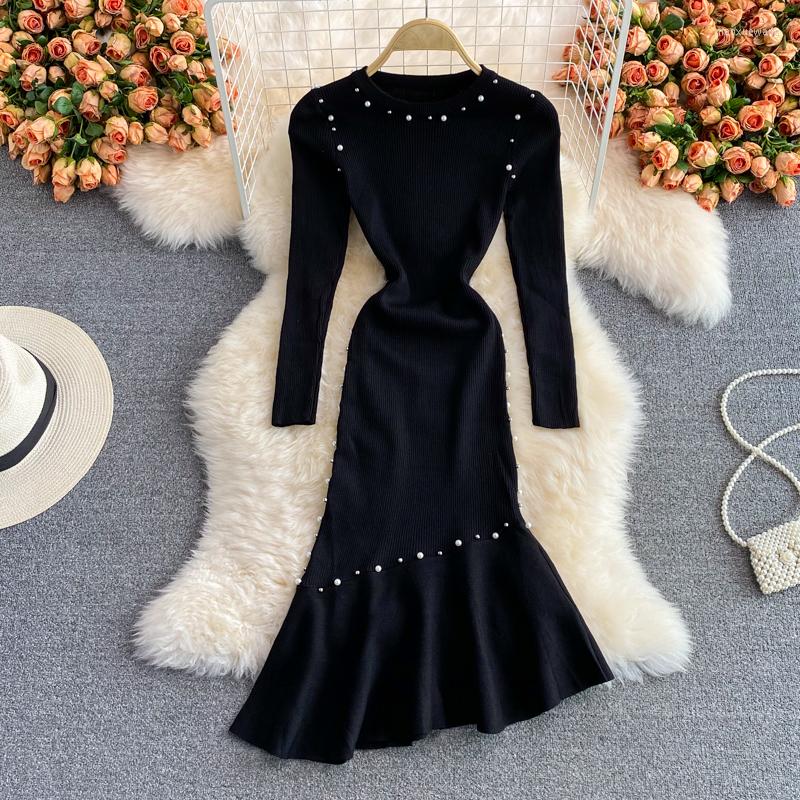 

Casual Dresses Autumn And Winter Style Thin Beaded High Waist Long Sleeve Knitted Vestidos Ruffled Round Neck Trumpet Bodycon Dress, Black