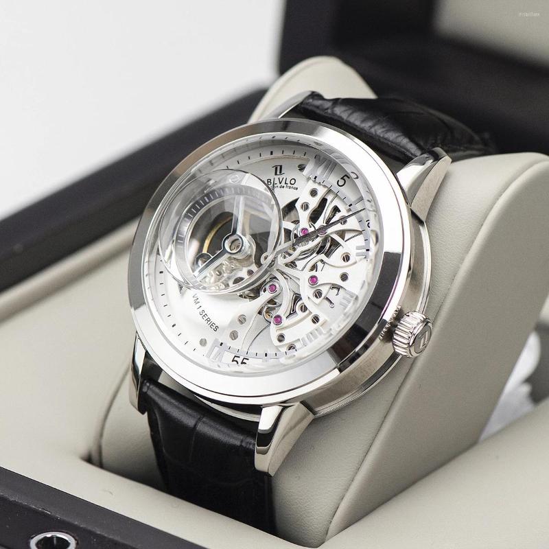 

Wristwatches OBLVLO Designer Skeleton Men Mechanical Watches Black Steel Automatic Genuine Leather Top Male Watch, Obl8238-yws