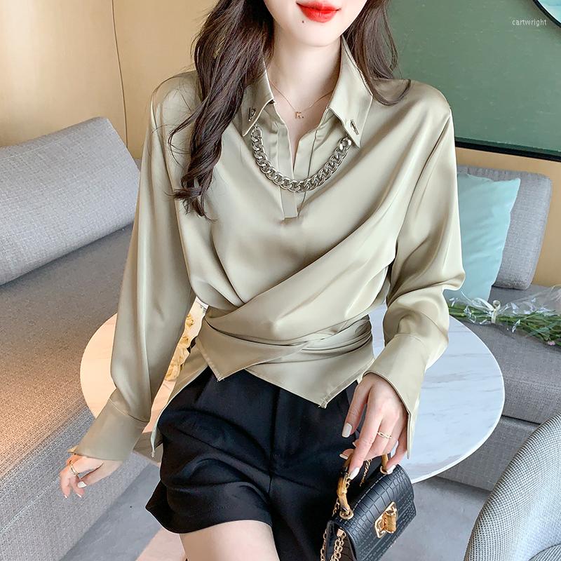 

Women' Blouses Satin Women' Blouse Fashion White Shirt Summer Solid 2023 High Street Long Sleeve Top Loose Female Clothing Turn-down, Green