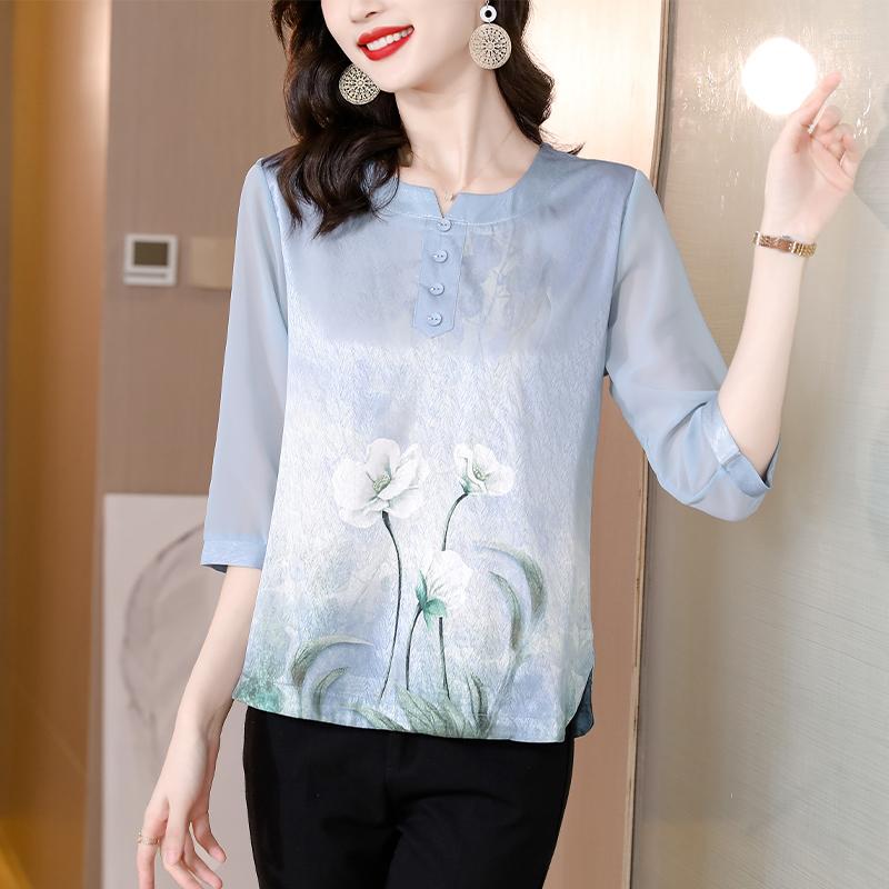 

Women's Blouses 5XL Women Casual Loose Floral Printed Silk Shirts Spring Summer Fashion Tops O-Neck Three Quarter Sleeve Female Clothes, Sky blue