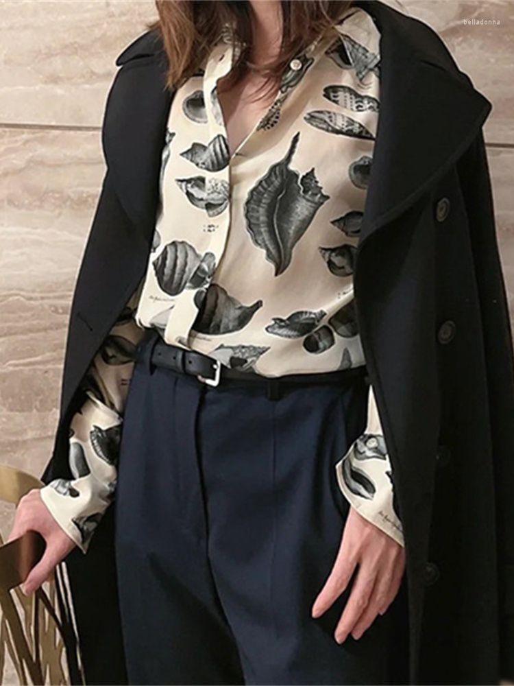 

Women's Blouses Women Silk Shirt Sea Shell Print Turn-Down Collar Soft Straight Loose Chemise Ladies Long Sleeve