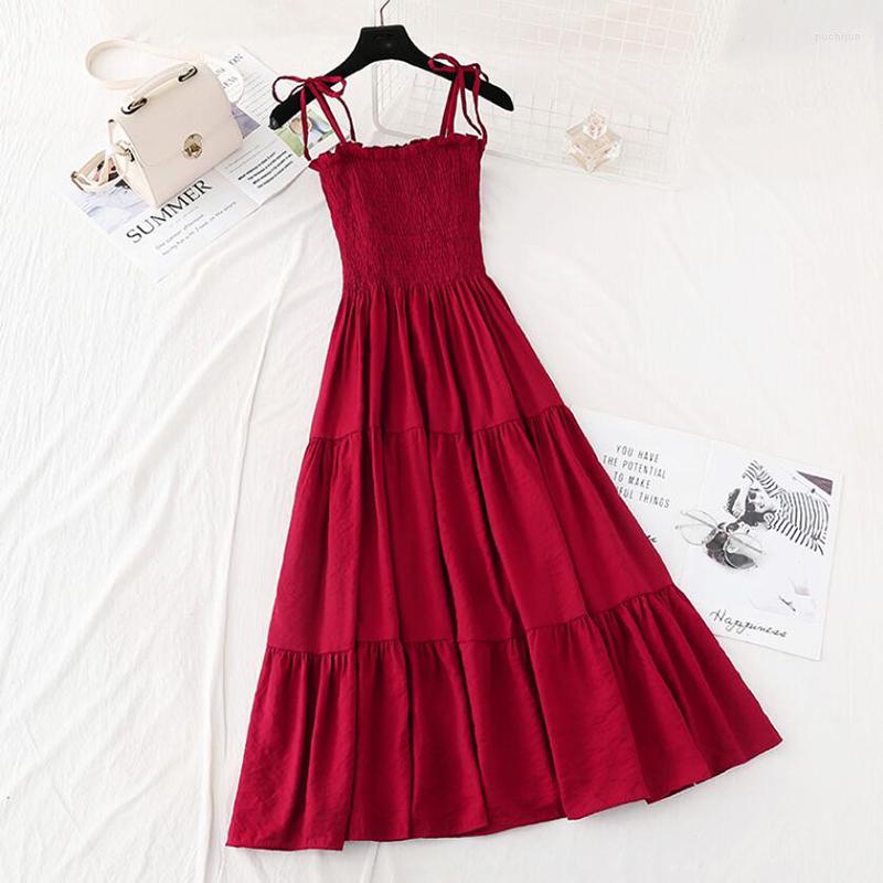 

Casual Dresses Women Summer Beach Long Dress Vintage Cotton Linen Bohemian Strap Ruffled Sundress Korean Sleeveless Slim Ladies Holiday, Black