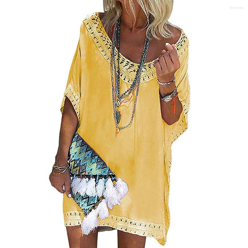 

Casual Dresses Summer Women Loose Solid Cover Up Dress Beach Short, Yellow