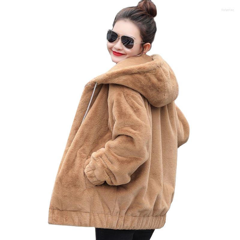

Women's Fur Women's Coat 2023 Winter Faux Hooded Jackets Korean Loose Plush Long Sleeves Women Jacket Outerwear Lady Tops, Grey