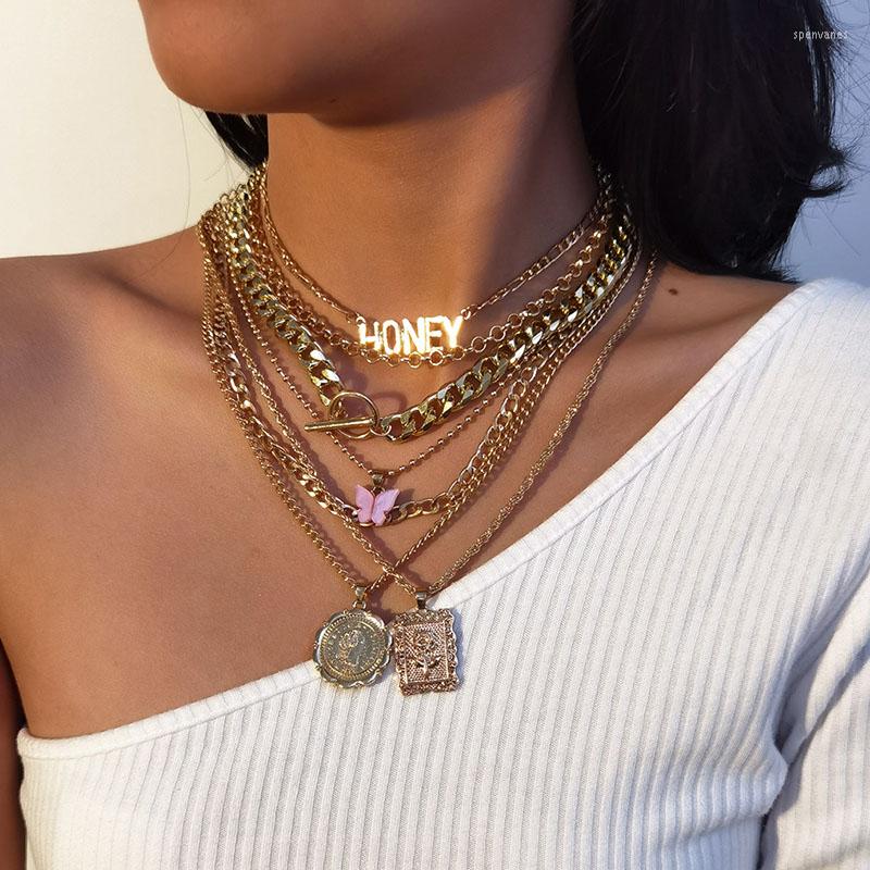 

Chains Punk Exaggerated Thick Butterfly Letters Geometric Pendant Necklace Women Vintage Multilayer Jewelry