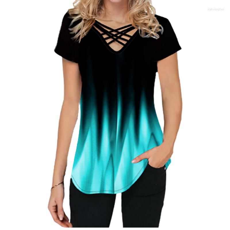 

Women's T Shirts Plus Size Tie Dye Gradient Print Women Short Sleeve V-Neck Cross Strap Tops Oversize Female Casual Summer, Green