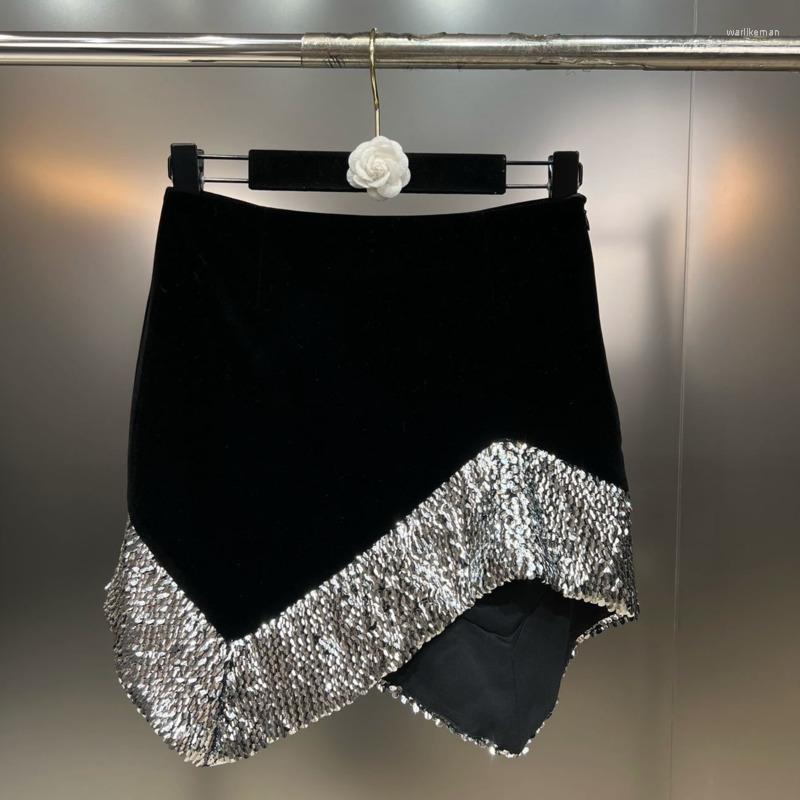 

Skirts PREPOMP 2023 Spring Arrival Irregular Sequins Black Velvet Short Skirt Women GH295
