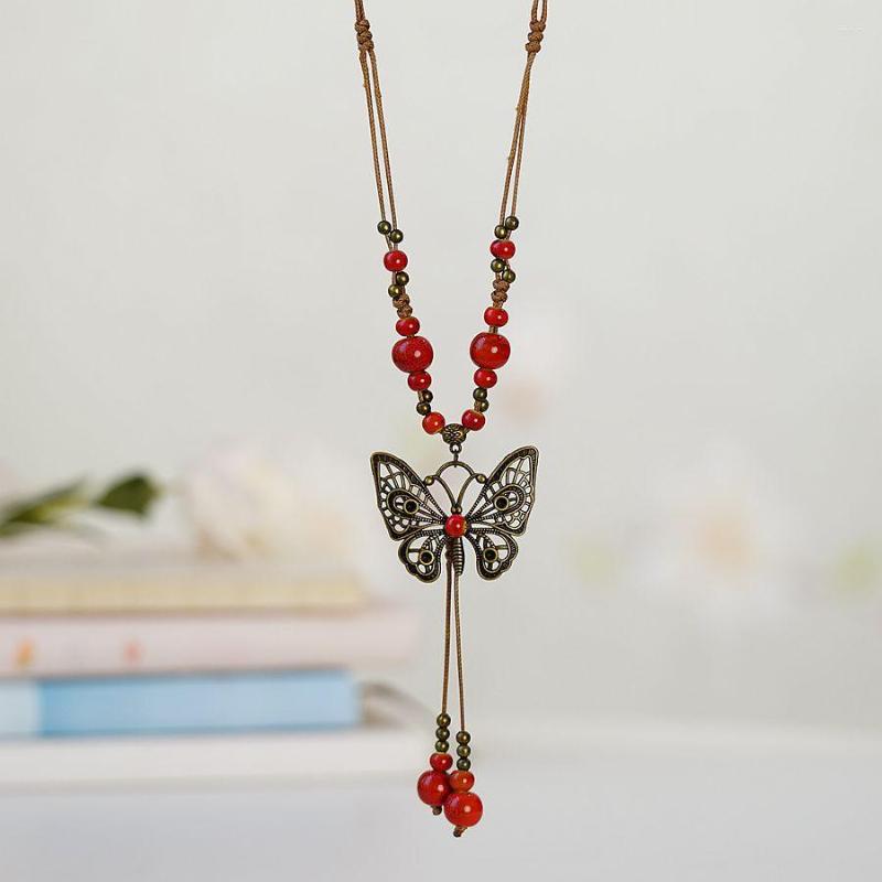 

Pendant Necklaces Women Bohemian Ethnic Long Chain Butterfly Ceramic Beads Tassel Necklace Choker Boho Sweater Jewelry Accessories