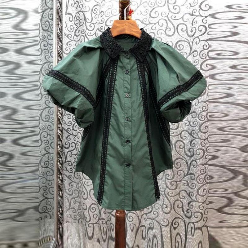 

Women' T Shirts Puff Sleeved Lace Patchwork Women Summer Design 2023 Slim Elegant Office Lady Outwear Coats Tops, Green