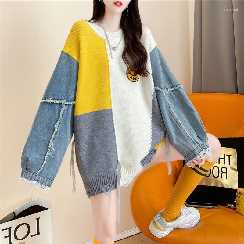

Women's Sweaters Mid-length Women Pullover Sweater Autumn Korean Version Loose Denim Stitching Fringed Knitted Top Women's Clothing, Gray