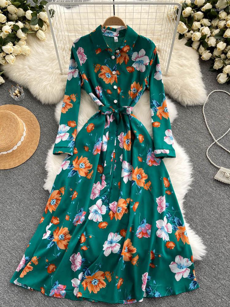 

Casual Dresses ZCWXM Autumn Bohemian Floral Shirt Dress Women Long Sleeve Party Print High Waist Lace Up Bow Office Elegant Night, Pink