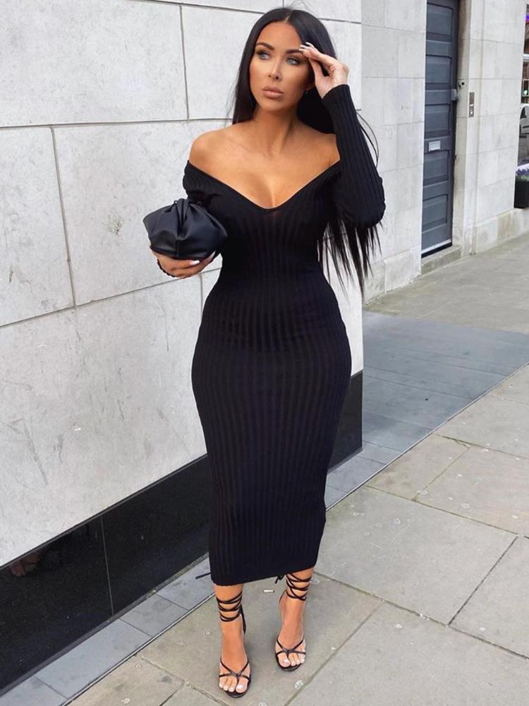 

Casual Dresses Fashionable Sexy V-neck Strip Solid Color Women Dress Fashion Midi Long Sleeve Bodycon 2023
