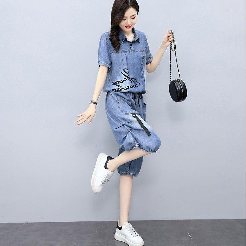 

Women's Tracksuits Summer Women Denim Two-Piece Suit 2023 Fashion Blast The Street Sportswear Female Casual Loose 2 Piece Set Outfit R2605, Blue