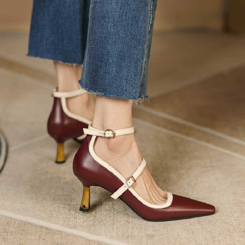 

Sandals New Spring/summer Women Shoes Pointed Toe Thin Heel Pumps for Elegant Cow Leather Sexy High Heels Mary Janes, Wine red