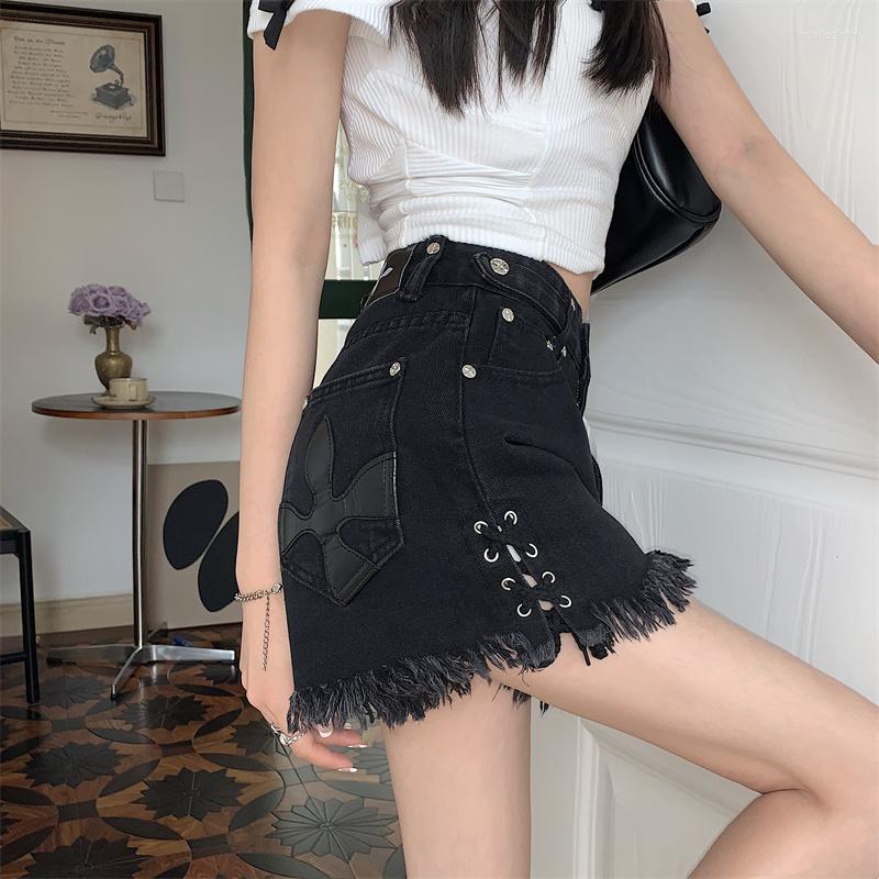 

Women' Shorts Women Cross Bandag Denim Summer Female Casual Korean Patchwork Jeans Short Office Lady Hip Hop Tassel Bottoms Mujer DK003, Black