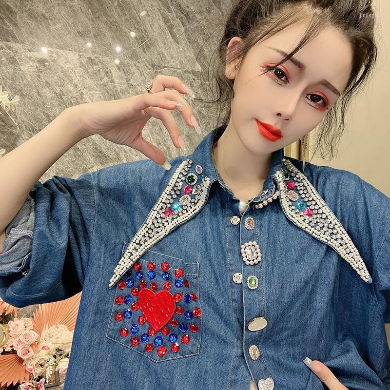 

Women's Blouses Women's Denim Shirt 2023 Heavy Industry Color Diamond Pointed Collar Loose Single Breasted Fashion, Deep blue