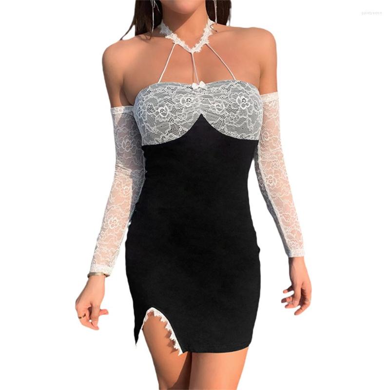 

Casual Dresses Women Sexy Lace Mini Dress Halter Neck Long Sleeve Off-the-shoulder Backless Short Female Slim Patchwotk Clunwear, Black