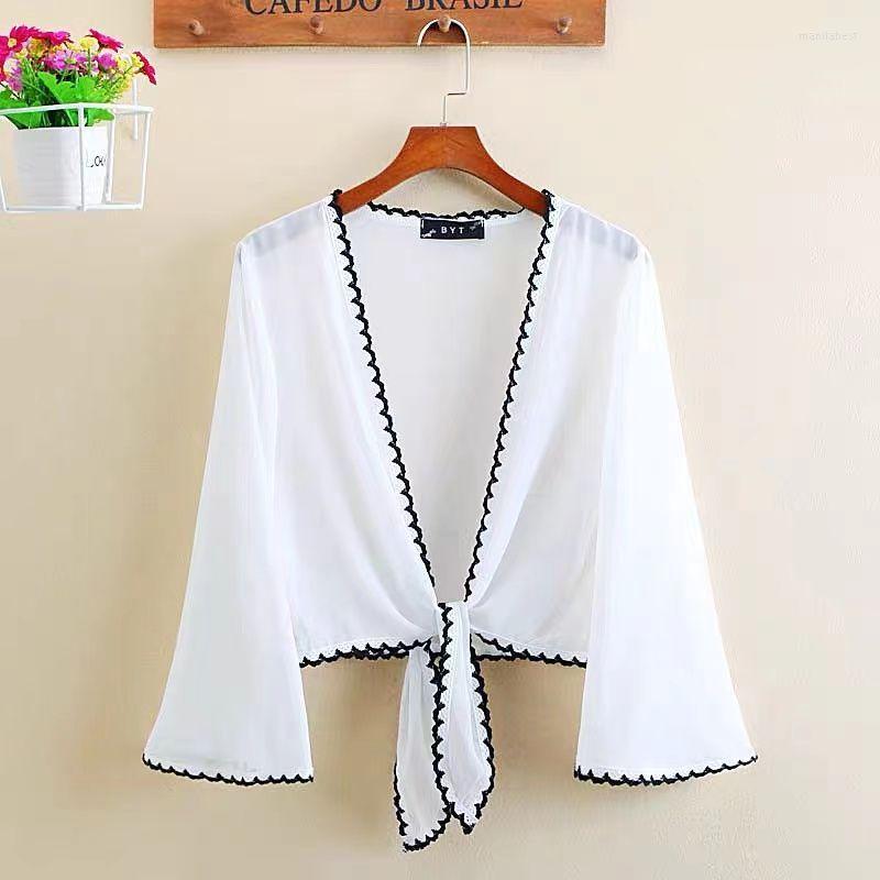 

Women' Jackets Woman Chiffon Temperament Female Sun Protection Clothing Summer Three Quarter Sleeves Wild Short Shawl Jacket Outerwear G172, White