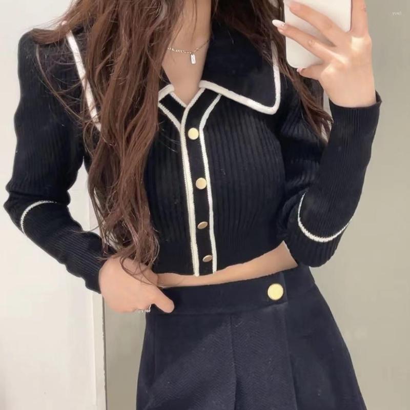 

Women's Knits Kuzuwata Turn Down Collar Contrast Color Stripe Outerwear Long Sleeve Single-breasted Sweater Women Autumn JAPAN Cardigan, Ivory