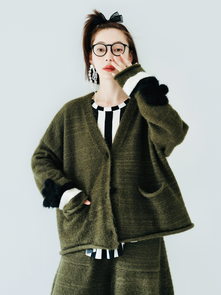 

Women's Knits Tees imakokoni original loose autumn and winter cat hair color matching striped short jacket cardigan female warm 223796 230311, Dark green
