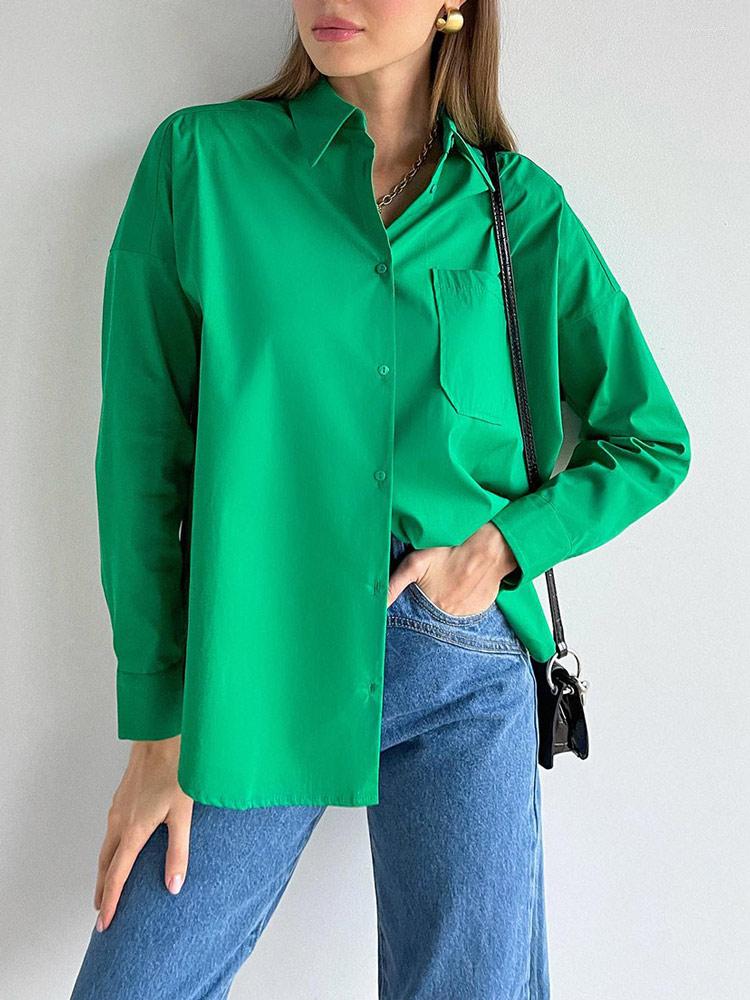 

Women' Blouses Women Basic Green Shirt Loose Oversize Cotton Elegant Beautiful Chic Pocket Shirts Female 2023 Spring Long Sleeve Tops Lady, Khaki