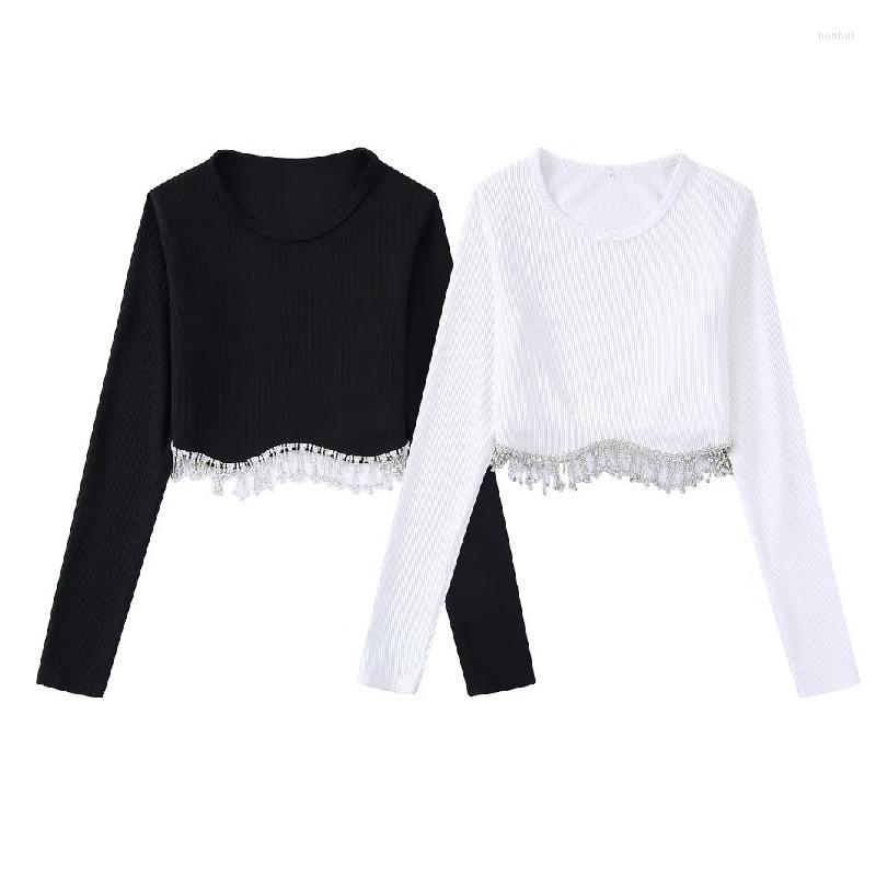 

Women' Blouses O Neck Black Knitting Women Short Tops 2023 Fashion Hem Diamond Tassel Women' Shirt Long Sleeve Slim White Top Female, Apricot