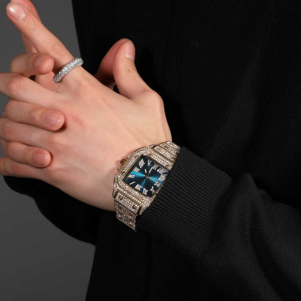

Watch Hip hop Roman scale quartz watch fashion full diamond square dial men's Watch, Gold (square diamond dial)