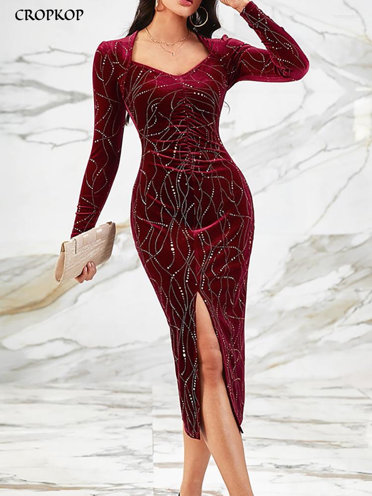 

Casual Dresses Elegant Bodycon Velvet Midi Women' Dress Fashion Red Ruched Bronzing Slit Party Autumn V Neck Puff Sleeve, Burgundy