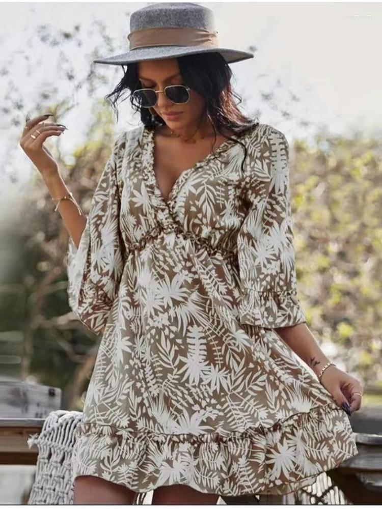 

Party Dresses 2023 Summer Boho Leaves Mini Dress Women V Neck Holiday Beach A Line Half Sleeve Ruffles Backless Vestidos, Pink