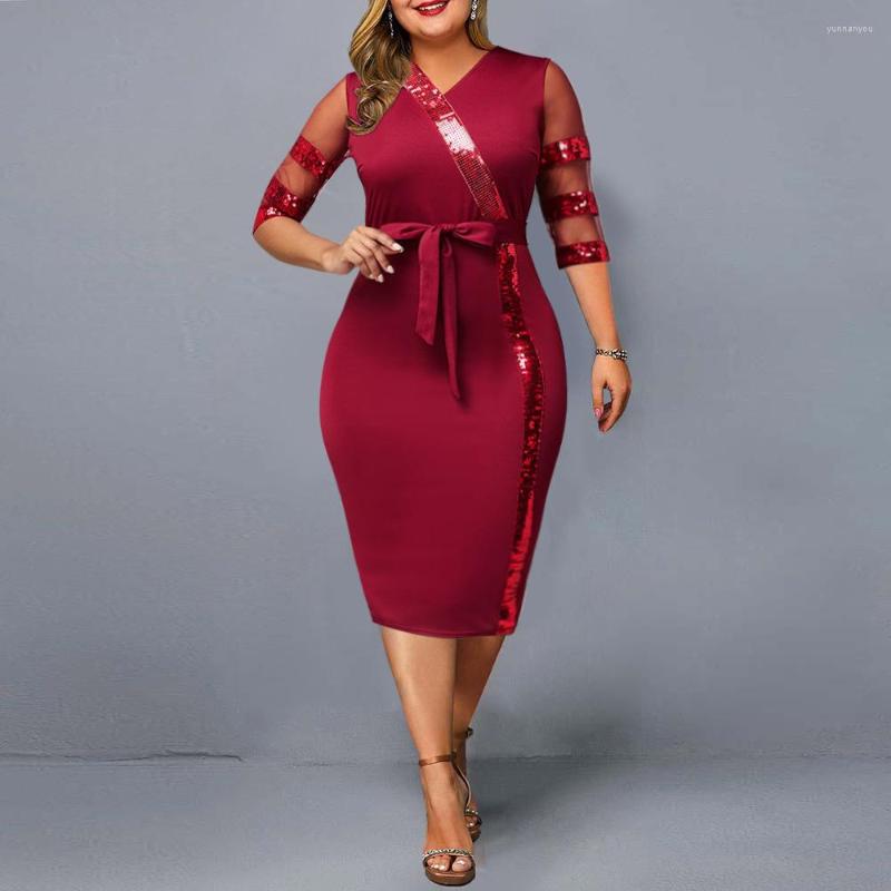 

Party Dresses Plus Size 2023 Spring Fashion Sequin Stitching Midi Dress For Women Mesh V-Neck With Belt Elegant Red 5XL, Claret