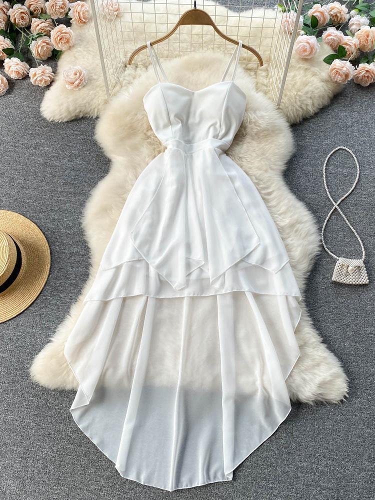 

Casual Dresses Ins Beach Irregular White Dress Women Summer Party Sleeveless French Chiffon Long Spaghetti Strap Ladies Clothing Elegant, Black