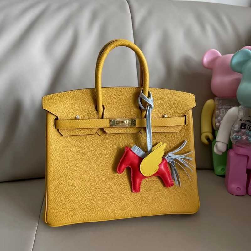 

Luxury Bag Birkin All manual wax thread sewing 25cm amber yellow Epsom leather silver buckle high-end portable women's with logo