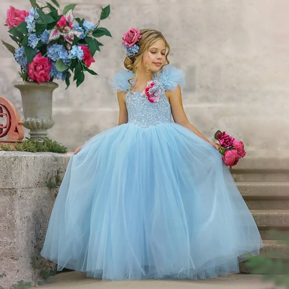

Light Sky Blue Flower Girl Dresses Lace Ball Gown Pageant Gowns For Wedding And Birthday Tulle Floor Length Kid Pageant Dress, Yellow