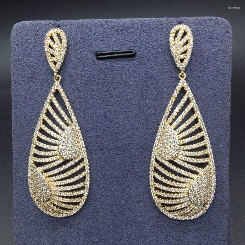 

Dangle Earrings Brand Geometric Fan Shaped Waterdrop Cubic Zirconia Cz Stones Long Drop For Women Ear Accessories Bridal Wedding
