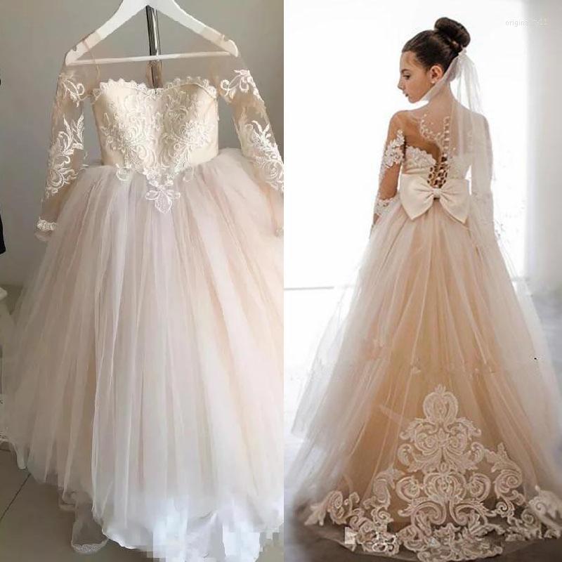 

Girl Dresses Kids Puffy Lace Ball Gown Long Sleeves Flower Princess Beach Wedding Children Wear Sheer Neck Baby Pageant Clothes, Orange