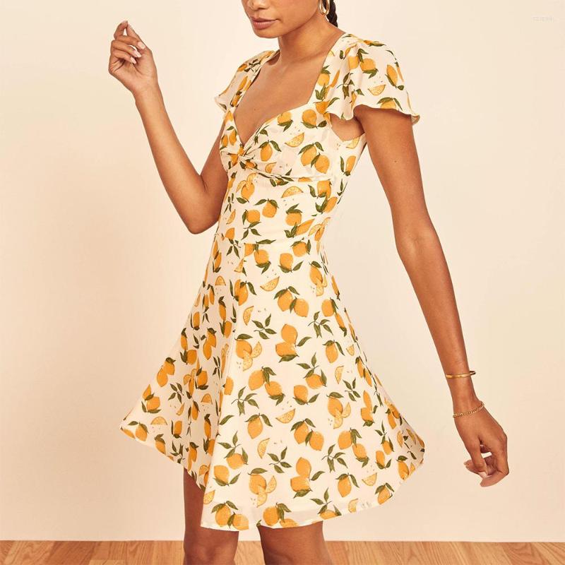 

Party Dresses Women Summer 2023 Flutter Sleeve Lemon Print Mini Beach Dress Sweetheart Neck Twist Back Cut Out Fit Flare Short, Yellow