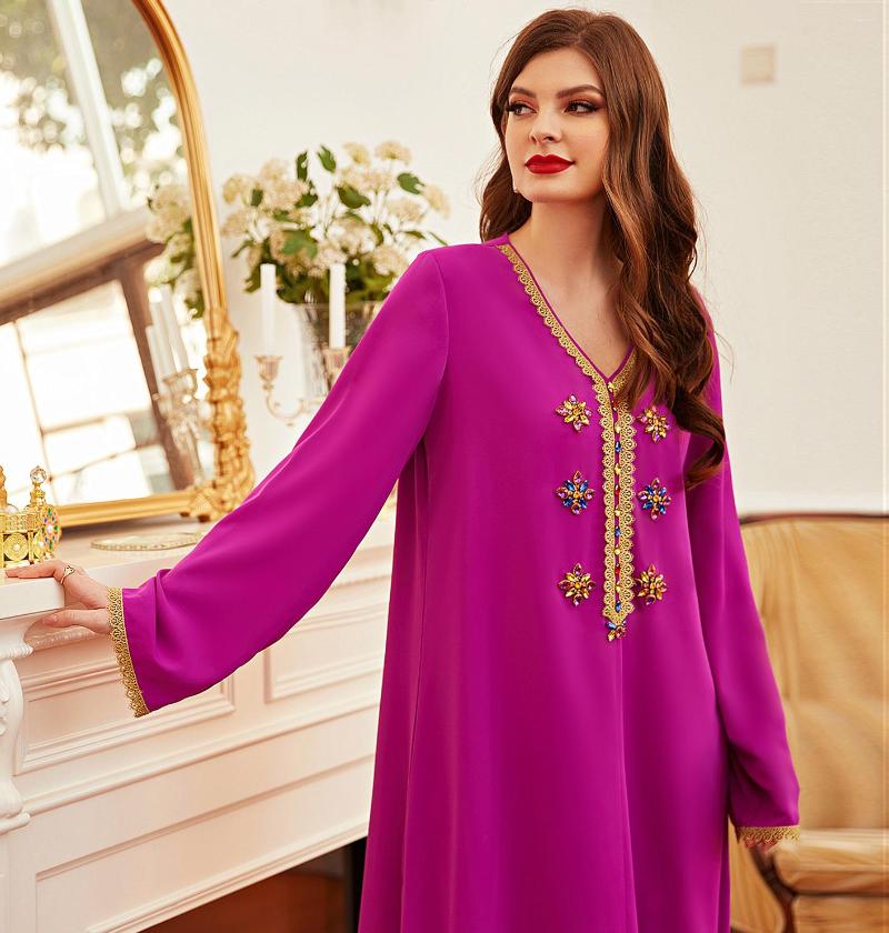 

Ethnic Clothing Islamic Maxi Dresses Women Dubai Abaya Kaftan Turkish Muslim Diamond Fuchsia Jalabiya Loose Plus Size Dress Ramadan Eid