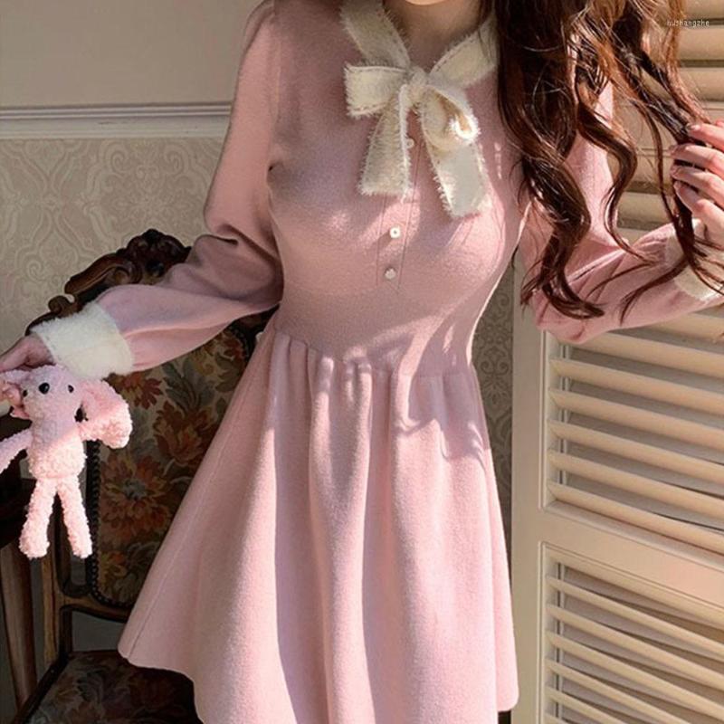 

Casual Dresses Pink Bowknot Sweet Knitted Dress For Women Autumn Winter Slim Long Sleeve A-line Ladies Soft Cozy Bottoming Shirt