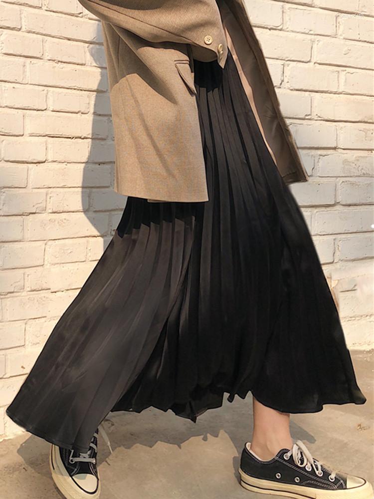 

Skirts 2023 Autumn Winter Wrinkled Black Satin Skirt Women Korean Style Casual High Waisted Pleated Long Midi Falda Plisad 4XL
