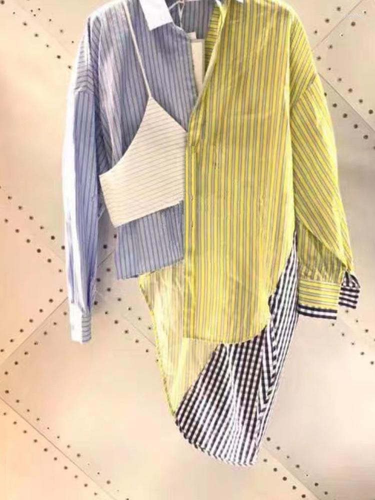 

Women' Blouses Women Shirt 2023 Autumn Striped Stitching Irregular Lapel Tops, Mixed