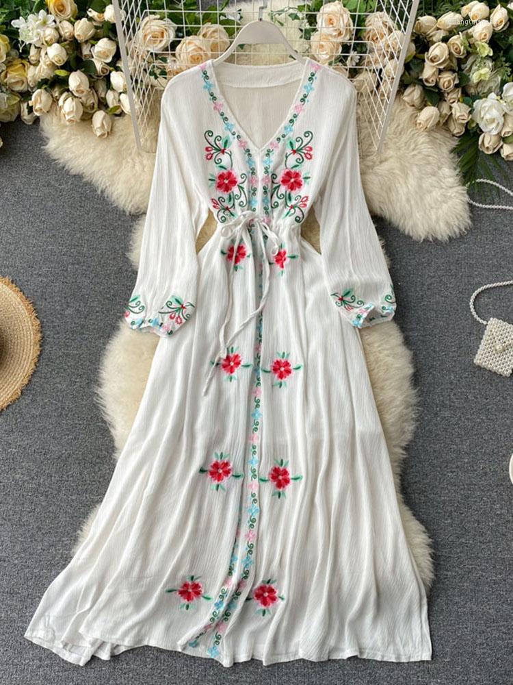 

Casual Dresses Summer Women Vintage Embroidery Indie Folk Long Dress Ethnic Style V-neck Lantern Sleeve White Yellow Red, Blue