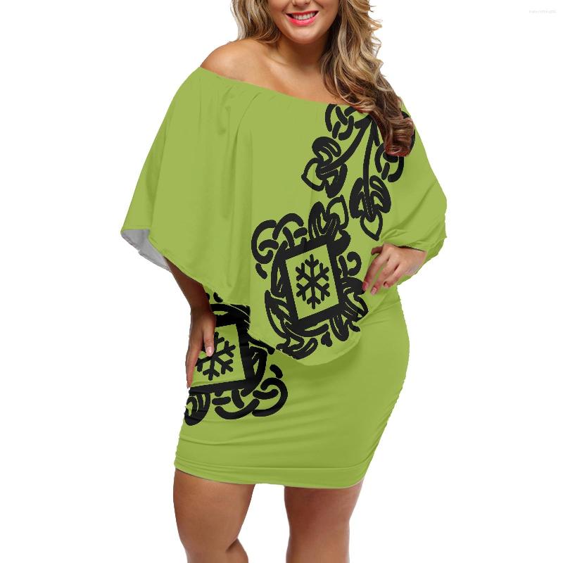 

Casual Dresses Green Retro Short Skirt Polynesian Tribal Pattern Designs Print Dress Sexy Summer Womens Off Shoulder Ruffled Mini Party, Zsn211019024x11-s-1