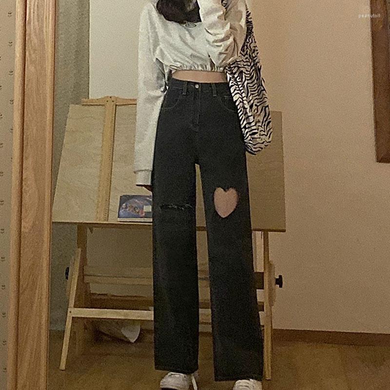 

Women's Jeans 2023 Heart Shaped Hole High Waist Streetwear For Women Vintage Black Mom Denim Pants Full Length Trouser Harajuku, Blue