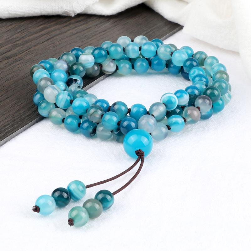 

Strand Beaded Strands 6MM Blue Striped Agate Natural Stone Bracelet High Quality 108 Onyx Beads Necklace Women Healing Yoga Jewelry Gift For