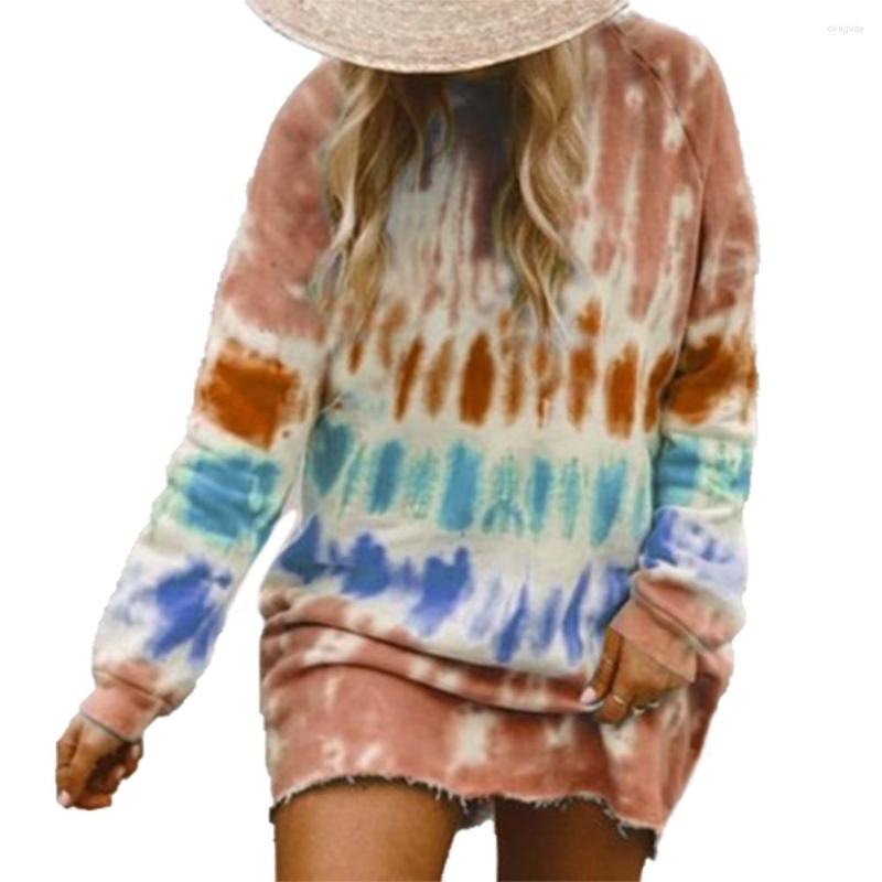 

Casual Dresses Women' Dye Printed Straight Dress Ladies Fall Shirt Long-Sleeved Loose Elastic Neck Rough Party Round Selvedge Clothes, As picture shows