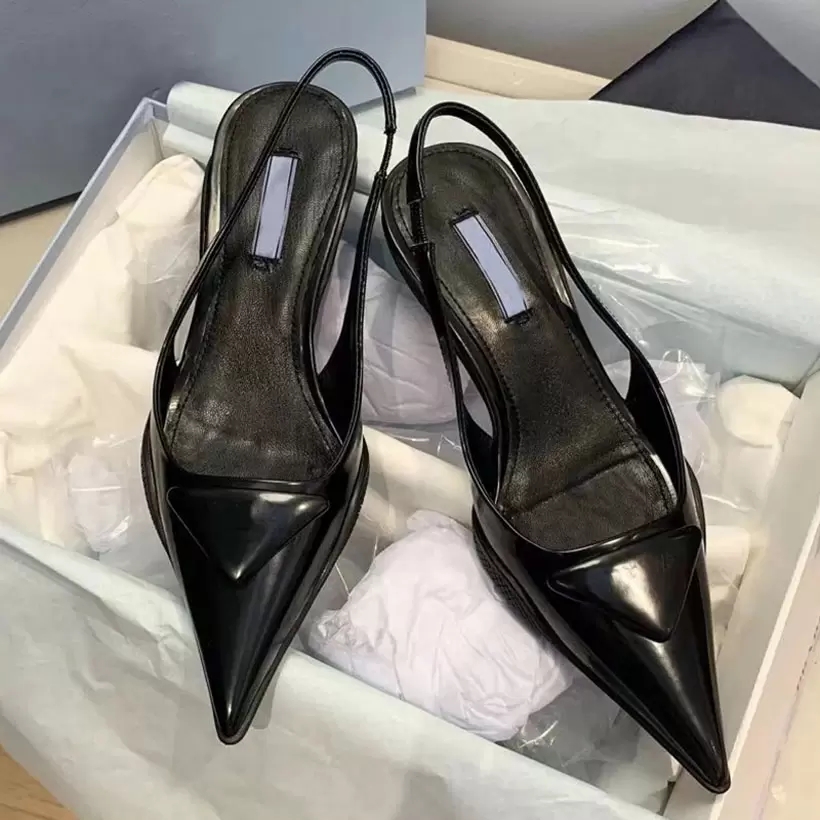 

Luxury designers women pumps sandal shoes black patent leather and pointed toe slingback pumps with brushed low heel ankle strap Eelegant lady Style