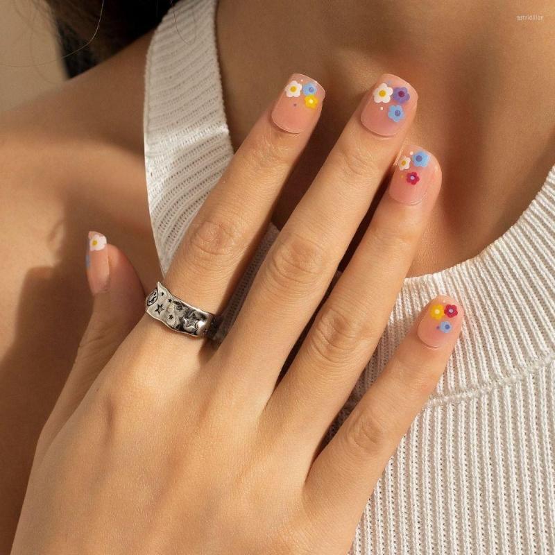 

False Nails 24pcs Manicure DIY Full Cover Detachable Short Square French Wavy Fake Cute Flowers, Xy-03-09